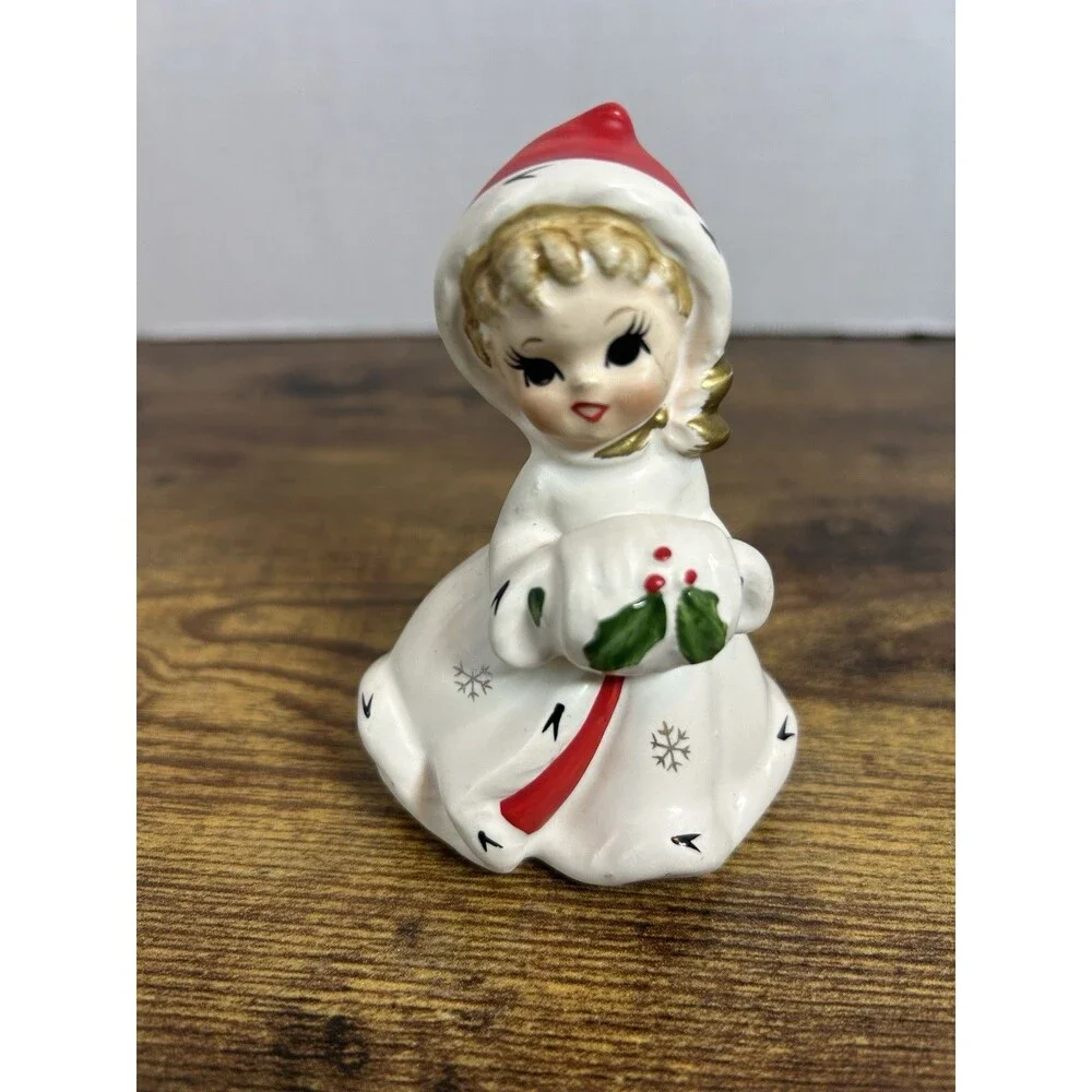 Vintage Napco Christmas Girl Bell Figurine White Coat Holly Japan 4” Tall Decor